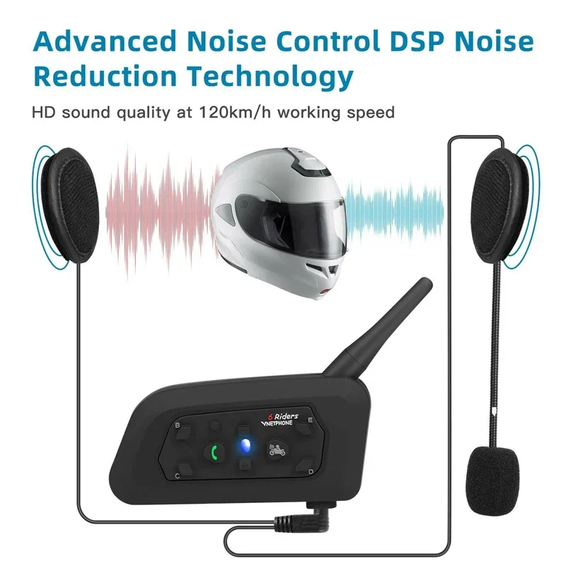 Motorcycle Helmet Intercom 6 Rider - Vnetphone-オートバイ用ワイヤレスヘルメット,Bluetoothヘッドセット,通信デバイス,防水および防錆,6人のモーターサイクリストのためのハンズフリーキット,v6,1200m
