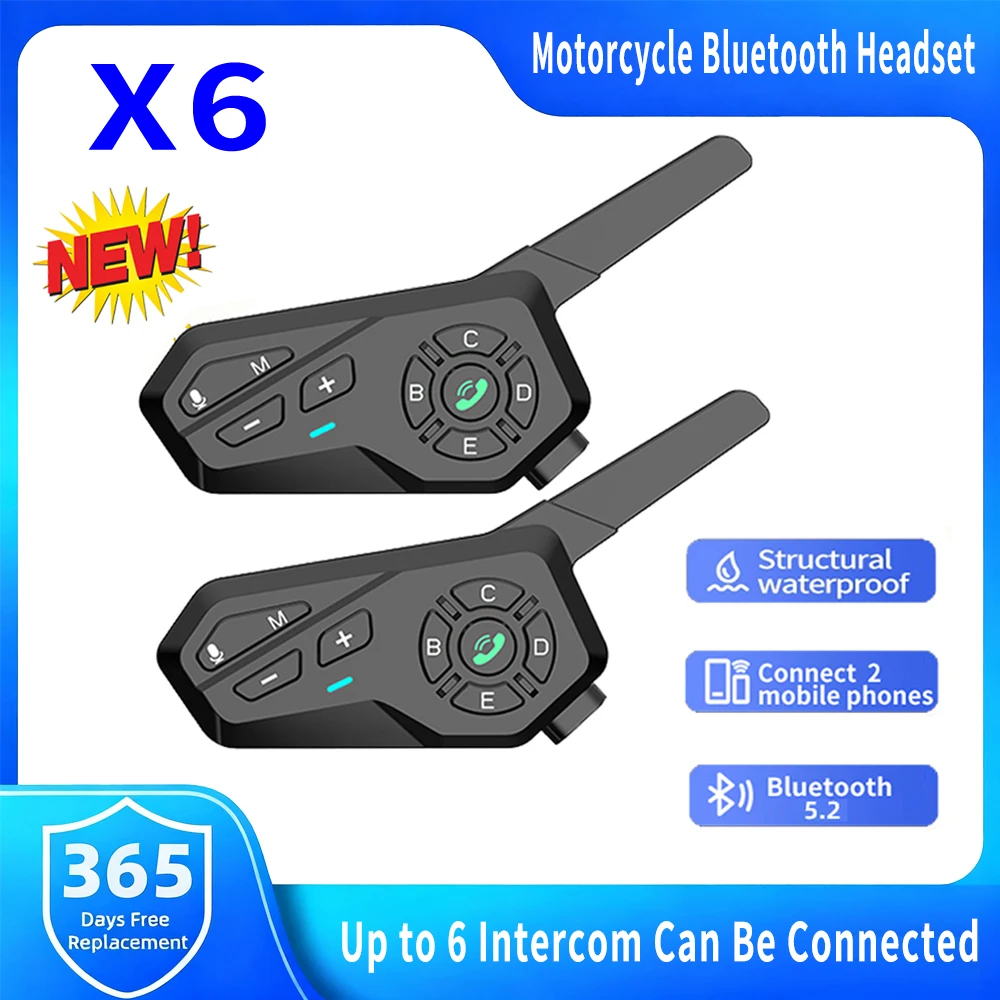 Motorcycle Helmet Intercom 6 Rider - 新型X6バイク用ヘルメットBluetoothヘッドセット。6人同時通話、FMラジオ、防水機能、音楽共有、ワイヤレスV5.2対応。