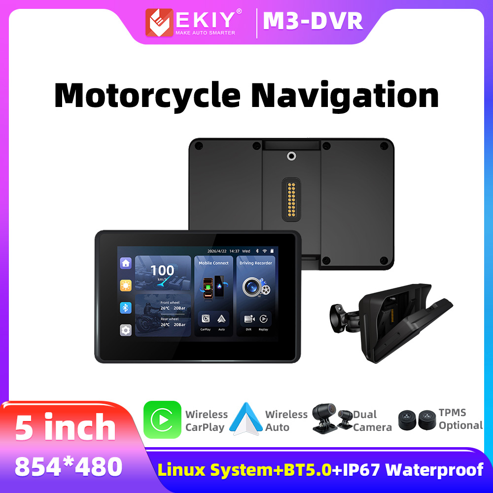 Motorcycle Gps Navigator Waterproof - EKIY 5インチ バイク用ディスプレイ、GPSナビゲーション、ワイヤレスCarPlay、Android Auto、TPMS、防水（IP67）、デュアルカメラ、TPMSモニター