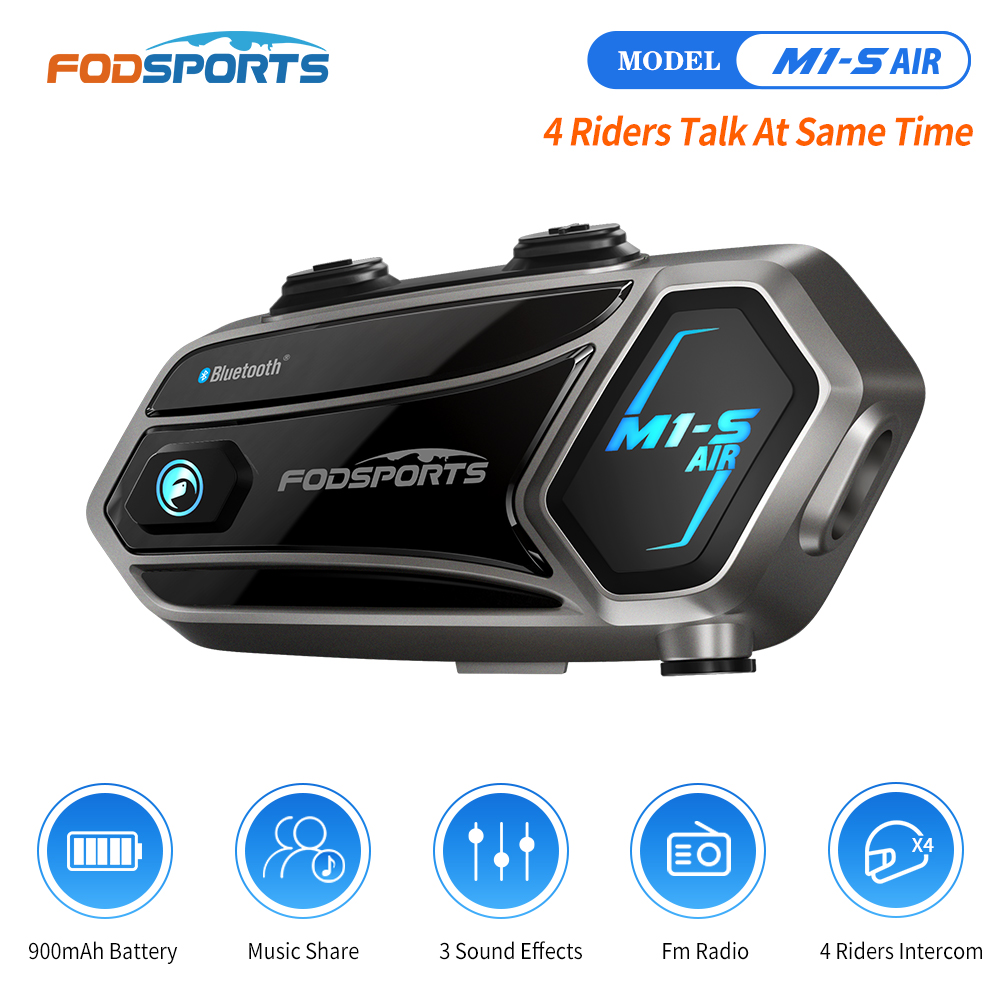 Motorcycle Intercom With Fm Radio - Fodsports-オートバイ用のBluetoothヘッドセットM1-S AIR,ヘルメット用の通信デバイス,FMラジオ,4人のモーターサイクリストのためのハンズフリーキット,音楽の共有,1000m
