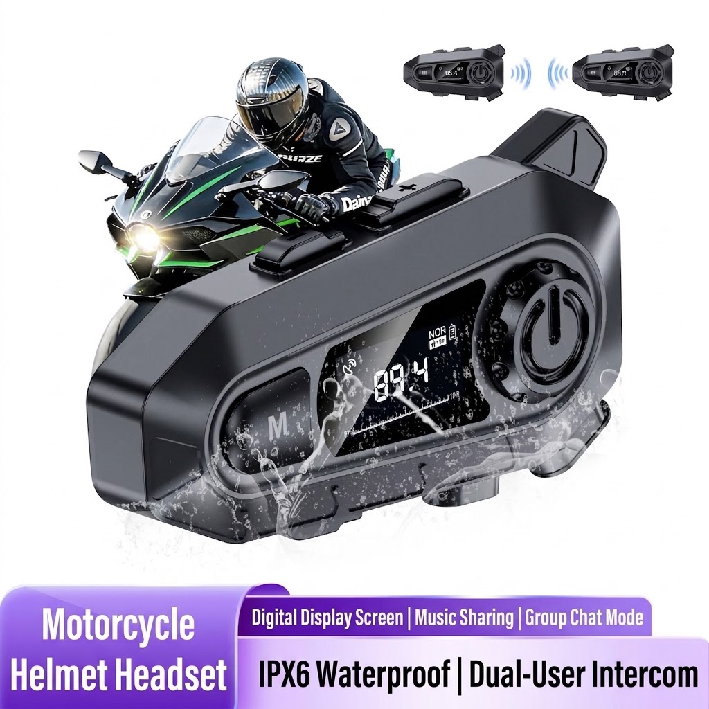 Motorcycle Intercom With Fm Radio - バイク用ヘルメット Bluetoothヘッドセット 500Mインターコム IPX6防水 LCDディスプレイ 音楽共有