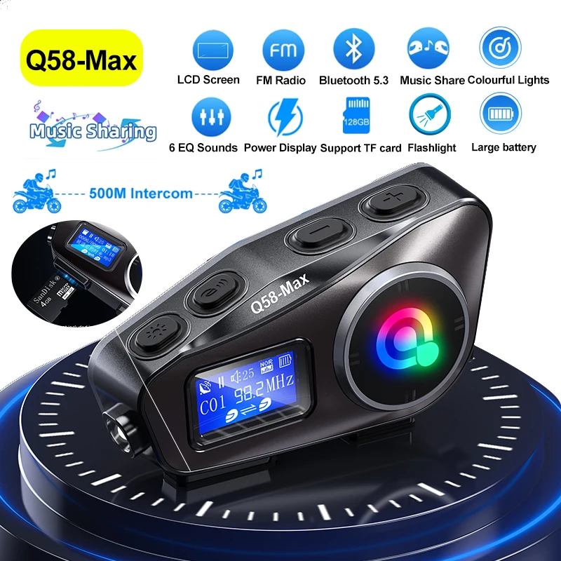 Motorcycle Intercom With Fm Radio - バイクヘルメット用ワイヤレスBluetoothヘッドセット、インターコム、LCDディスプレイ、FMラジオ、音楽共有機能付き、2人ライダー用、500mインターコム