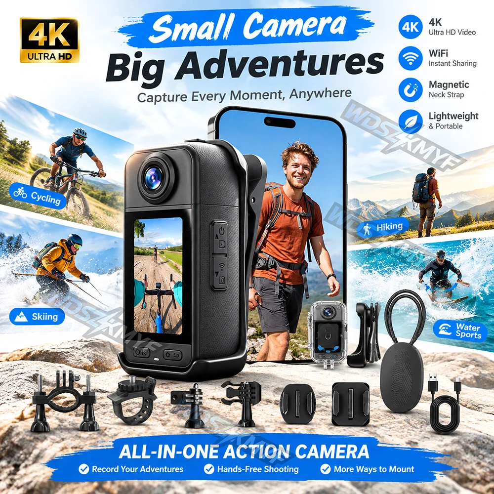 Helmet Camera 4K Wifi - 4K対応の小型アクションカメラ。1.47インチのディスプレイを搭載し、ポケットに収まるサイズで、POV（一人称視点）撮影やボディカメラ、ウェアラブルカメラとして使用可能。Wi-Fi接続、防水機能、ミニカメラとして、ヘルメットや自転車、スポーツなどに最適。