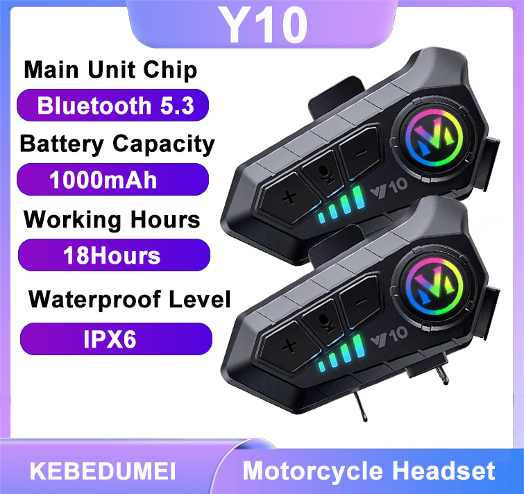 Motorcycle Intercom With Fm Radio - Y10 オートバイ用 Bluetooth 5.3 ヘルメットヘッドセット カラフルライト付き