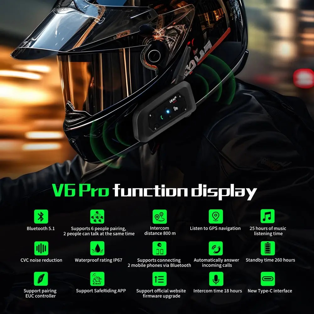 Ejeas v6プロ + オートバイインターホンヘルメットB - Motorcycle Helmet Intercom 6 Rider のレビューと価格