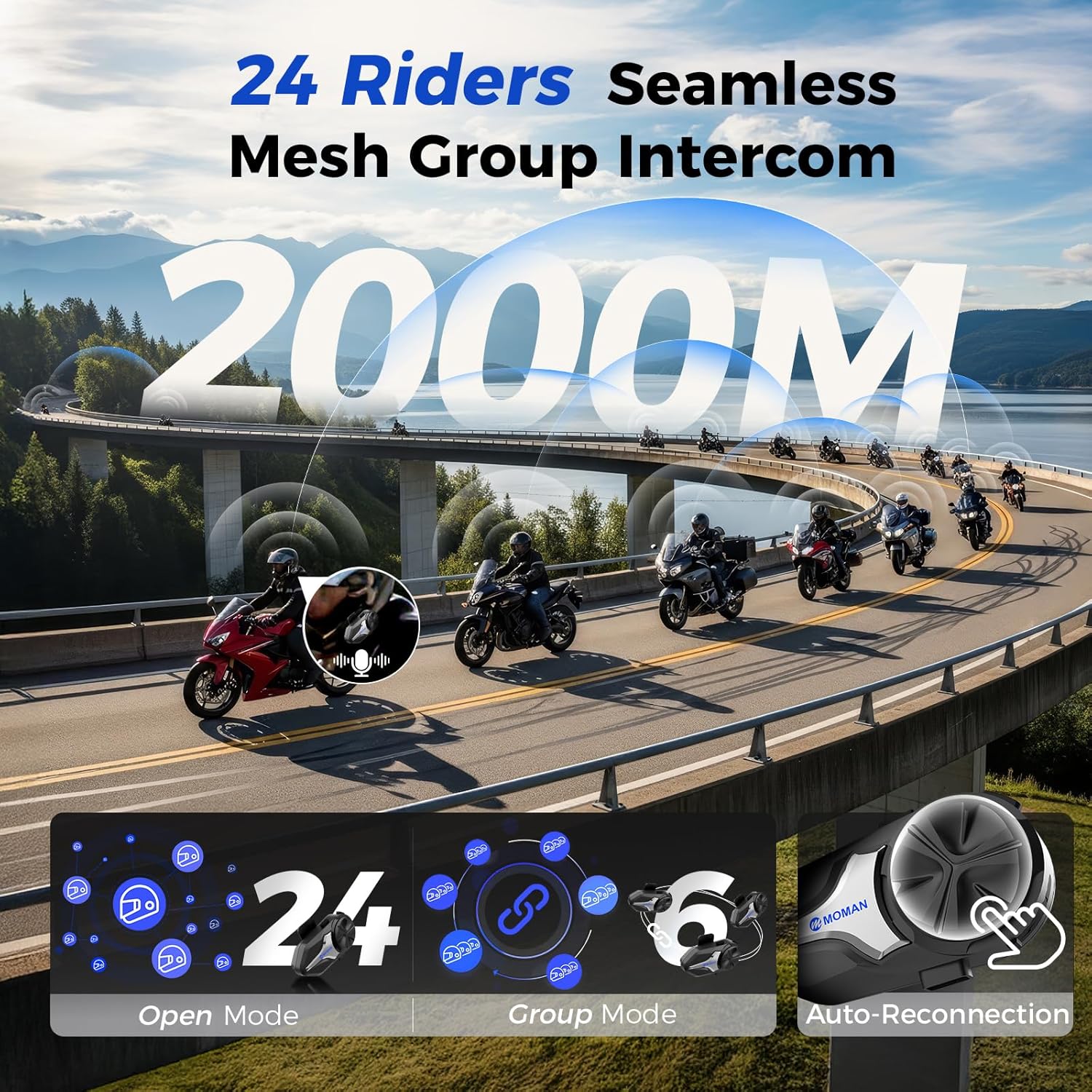モマン オートバイ Bluetooth ヘルメット ヘッドセ - Motorcycle Intercom Mesh 2000M のレビューと価格